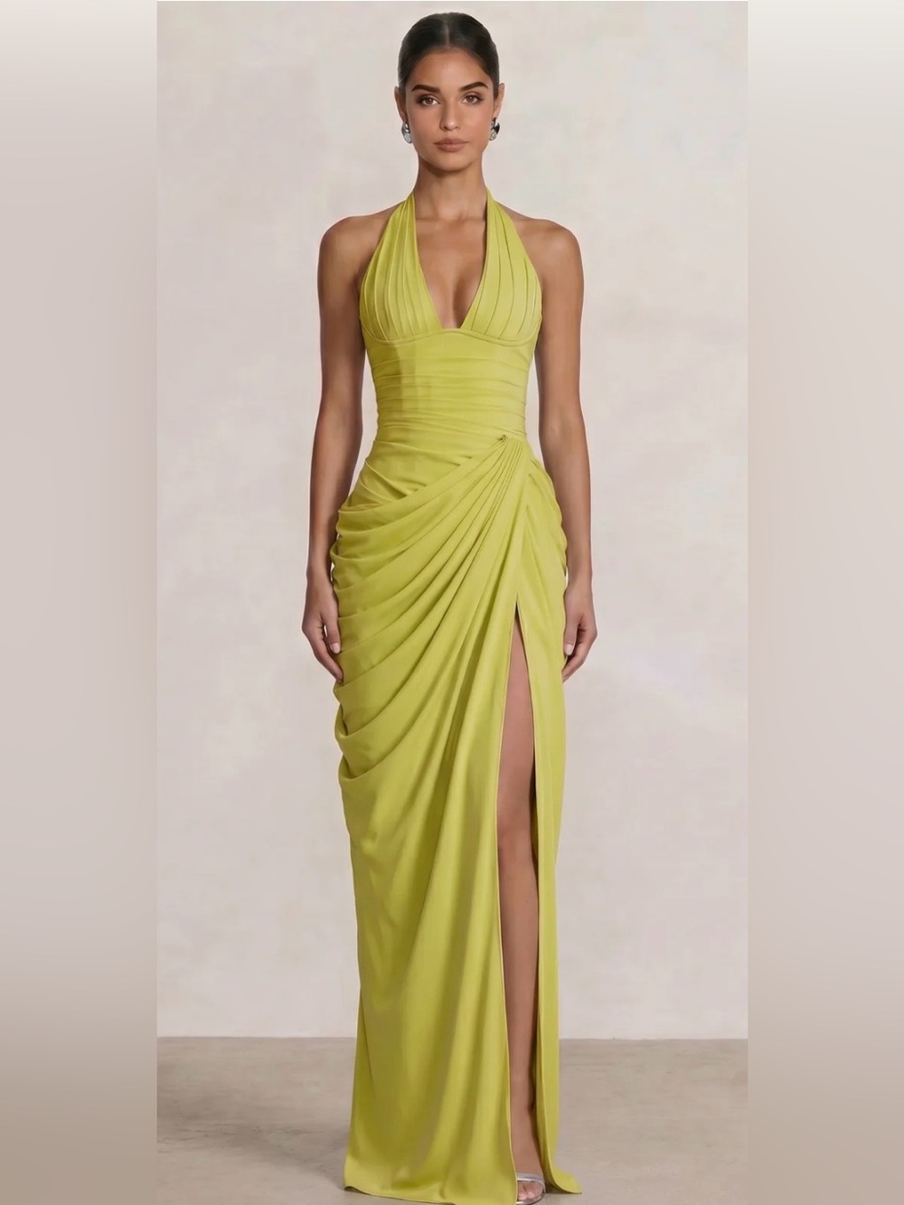 Lime/Chartreuse Draped Halter Evening Gown